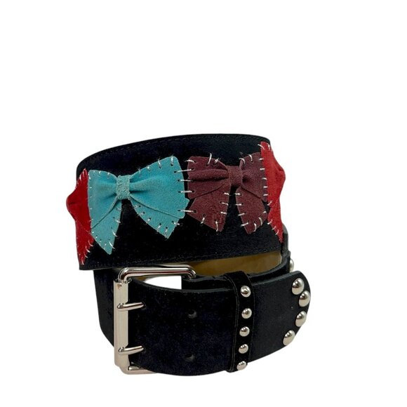 Betsey Johnson Black Suede Wide Bow Belt w/ Multicolor Bows & Studding, Size S - Picture 1 of 9